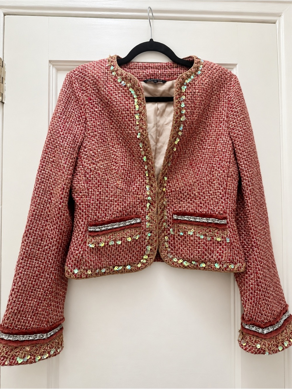 Tara Jarmon Rich Pink Tweed Sequin Statement Blazer